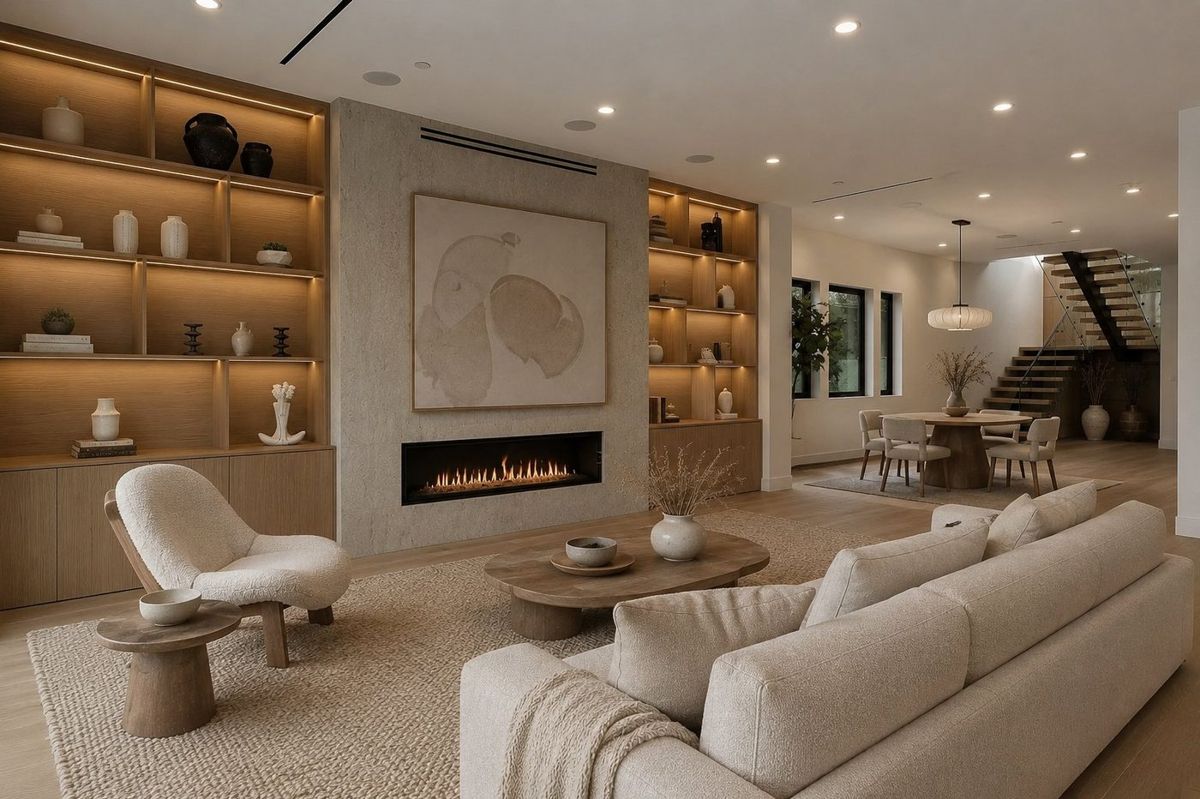 Living room with white oak built-ins and stone fireplace